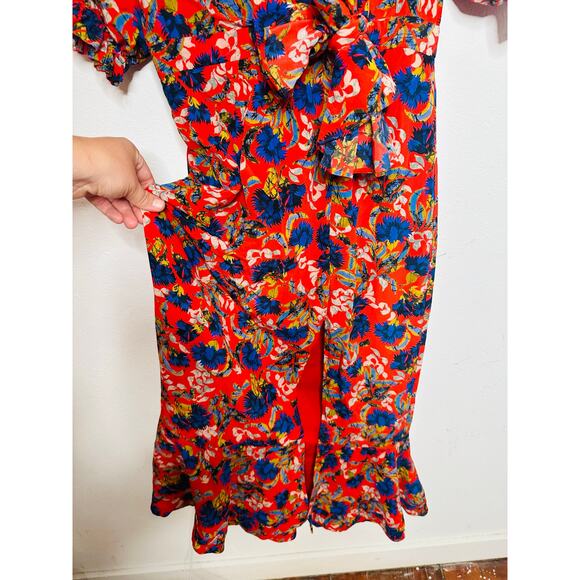 SALONI Red Floral Flame Azalea Olivia Tie-Waist 100% Silk Ruched Ruffles Dress 6 - Picture 14 of 16